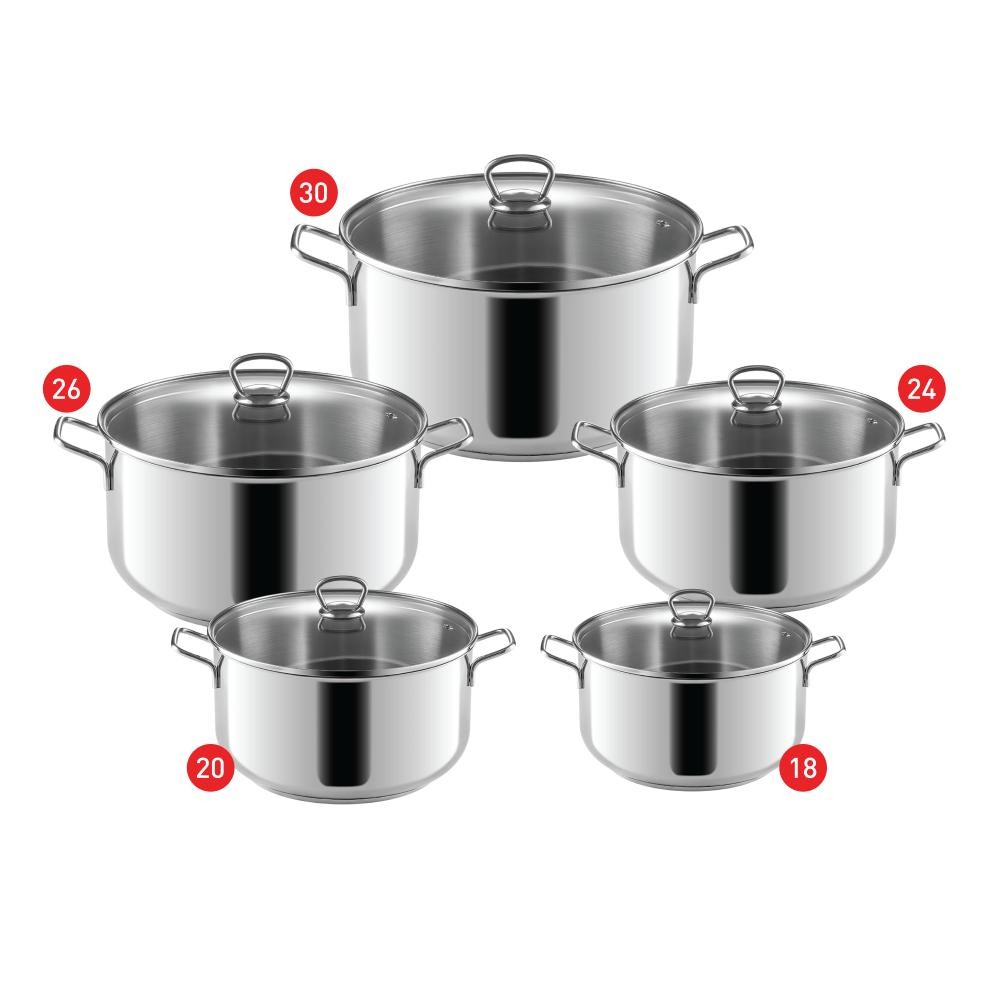 طقم حلل زهران اسينشال ستانلس ستيل بغطاء زجاج مقاس 18و20و24و26و30 سم 330040132