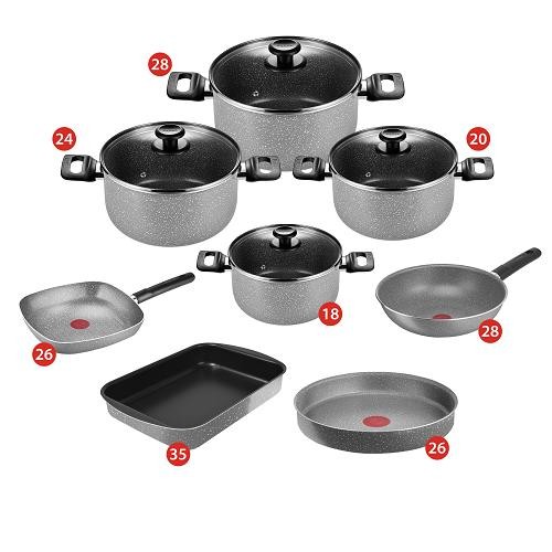 طقم طهي تيفال حلل مقاس 18و20و24و28 وشوايه مربعه26 ومقلاه ووك28 وصينيه فرن دائريه26 و صينيه مستطيله 35 سم 220920112